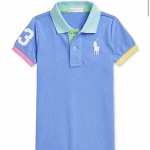 Ralph Lauren Blue Polo Romper with Multicolor Sleeves